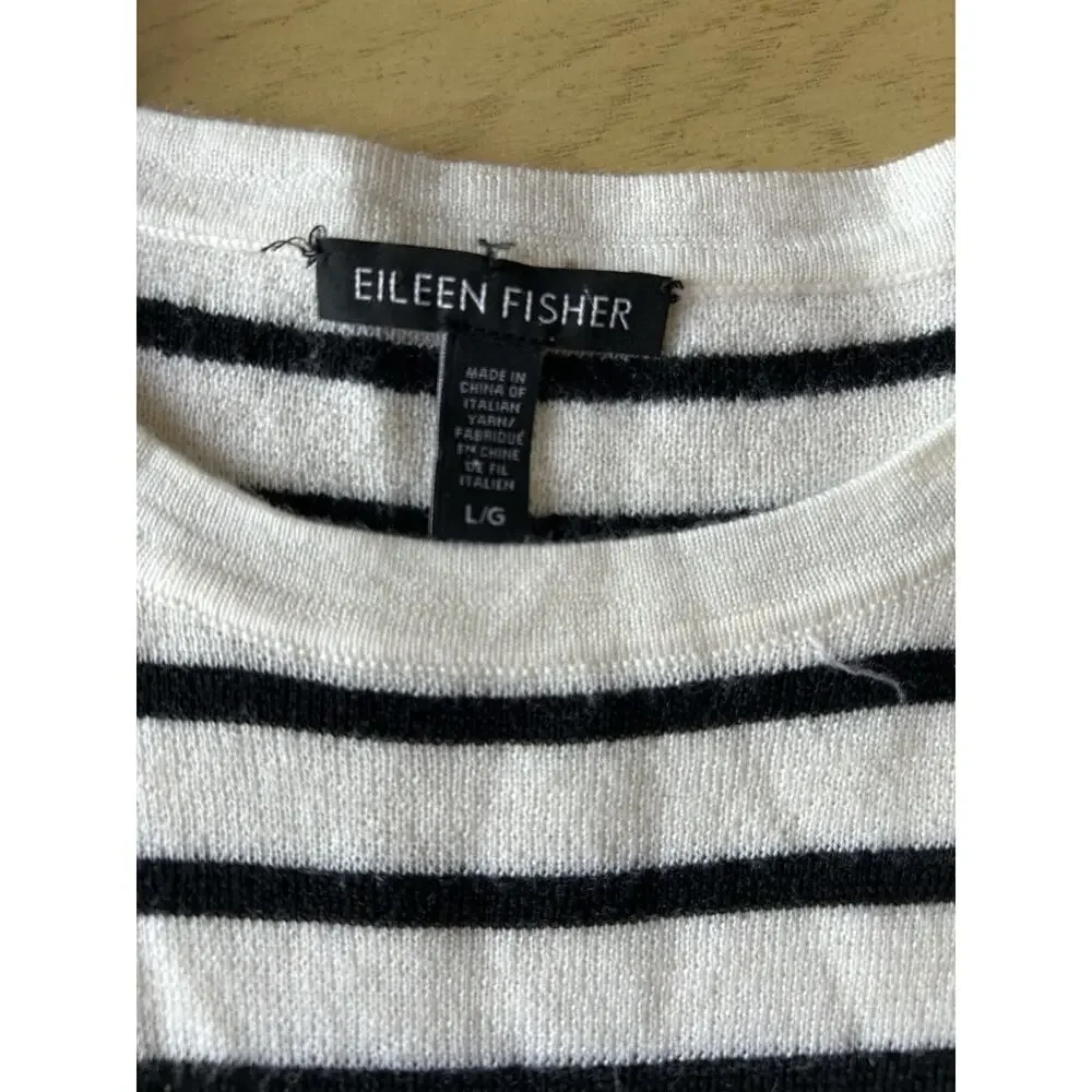 Eileen Fisher Sweater Striped Nautical Distressed Crew Neck Knit Coastal Soft L